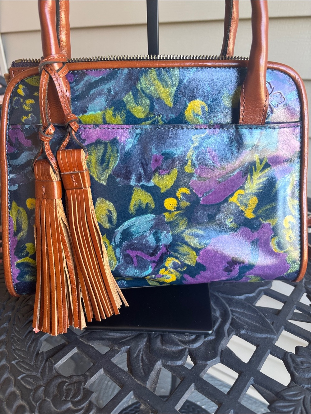 Patricia Nash Deep Blue Nature with Tan Trim Satchel/Crossbody